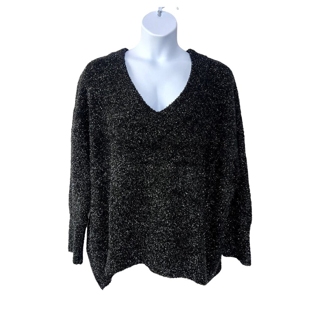 AVA & VIV Sweater Wmns Plus Size 4X Fuzzy Metallic V Neck Tunic Black Silver NEW